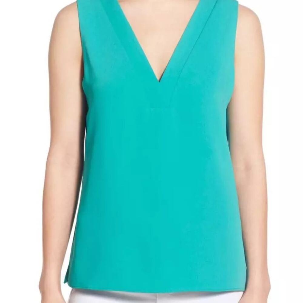 Cooper & Ella Ellie Double V Neck Tank Top Blouse Sleeveless Matte-crepe Teal